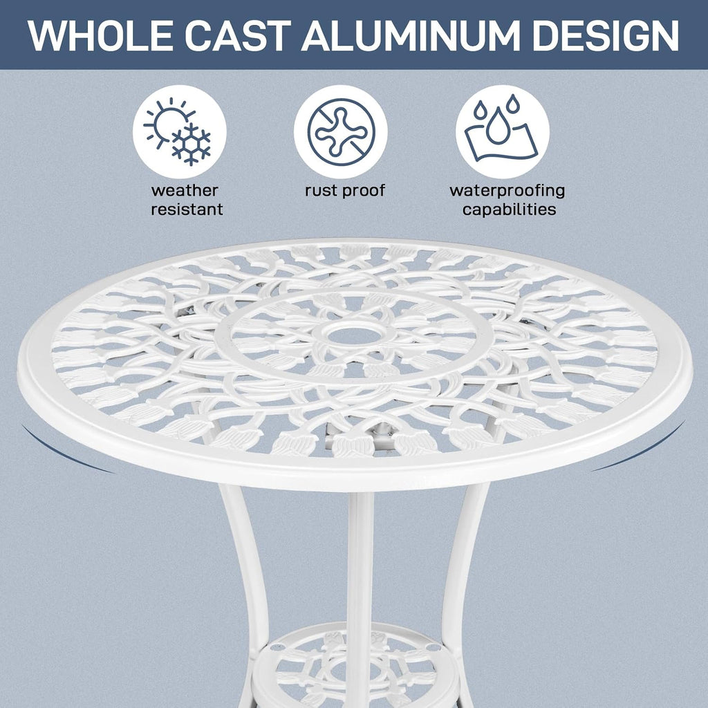VINGLI 3 PCS Outdoor Bistro Set, Outdoor Patio Set, All-Weather Cast Aluminum Bistro Table Set, Bistro Table and Chairs Set of 2 for Backyard, Garden, Balcony (White, Tulip)