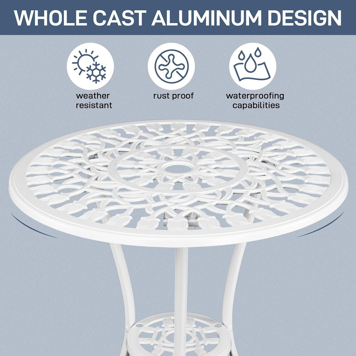 VINGLI 3 PCS Outdoor Bistro Set, Outdoor Patio Set, All-Weather Cast Aluminum Bistro Table Set, Bistro Table and Chairs Set of 2 for Backyard, Garden, Balcony (White, Tulip)