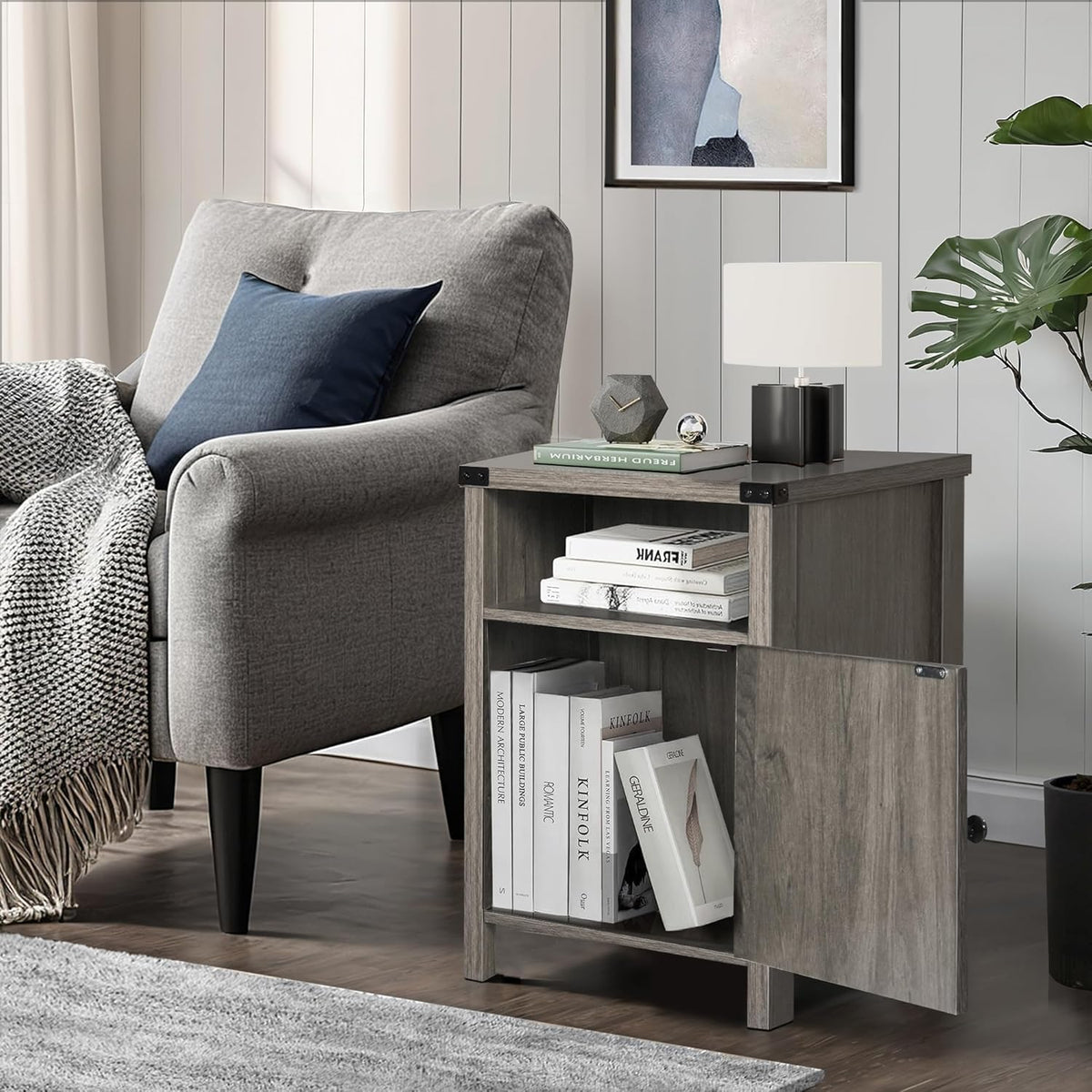 Farmhouse End Table, Nightstand with Barn Door and Shelf,Grey Wash | End Tables,Wooden Sofa Side Table, Modern Bed Side Table Rustic Nightstands, Bedroom, Living Room