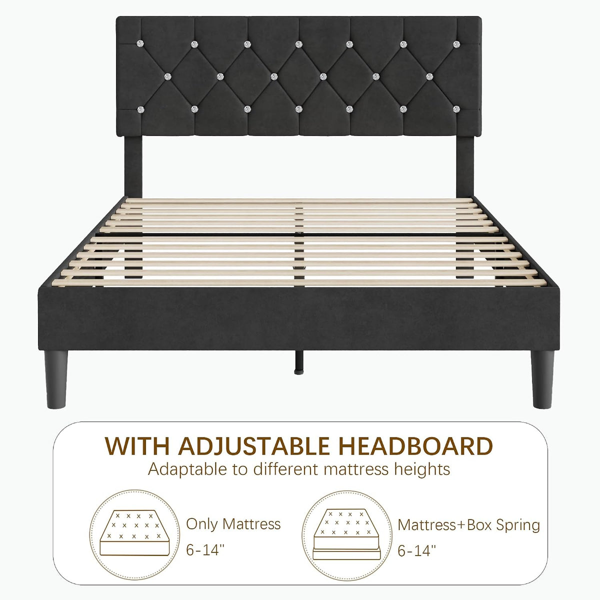 VECELO Queen Size Bed Frame, Upholstered Platform with Adjustable Diamond Tufted Headboard, Wood Slat Support, No Box Spring Needed, Velvet & Black