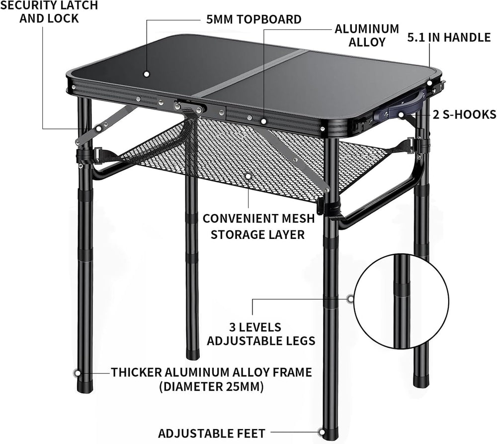 Outdoor Side Table, Portable, 3 Adjustable Height,Small Folding Table