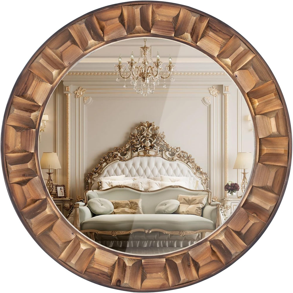 36 Inch Large Round Solid Wood Wall Mirror
