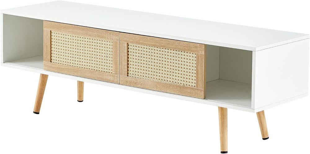 Meihua 55.12" Rattan TV Stand with Sliding Doors, Adjustable Shelves, So...