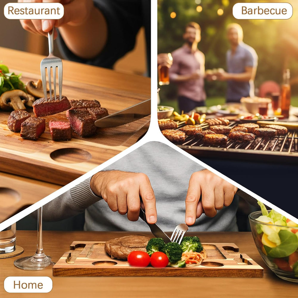 2 Set Acacia Wooden Steak Cutting Board with Fork, Knife and Sauce Cups