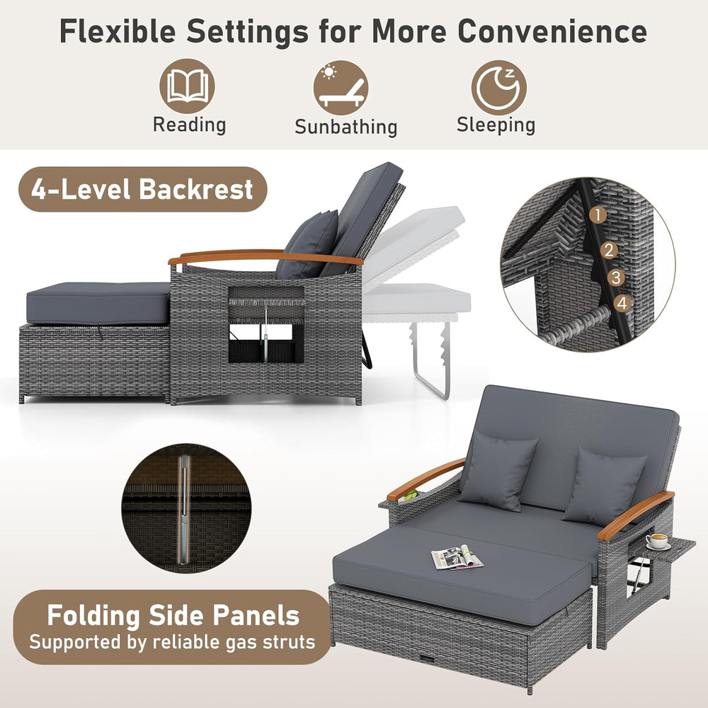 LDAILY Moccha Outdoor Wicker Daybed, Patio Rattan Loveseat Sofa w/ 4-Level Ad...
