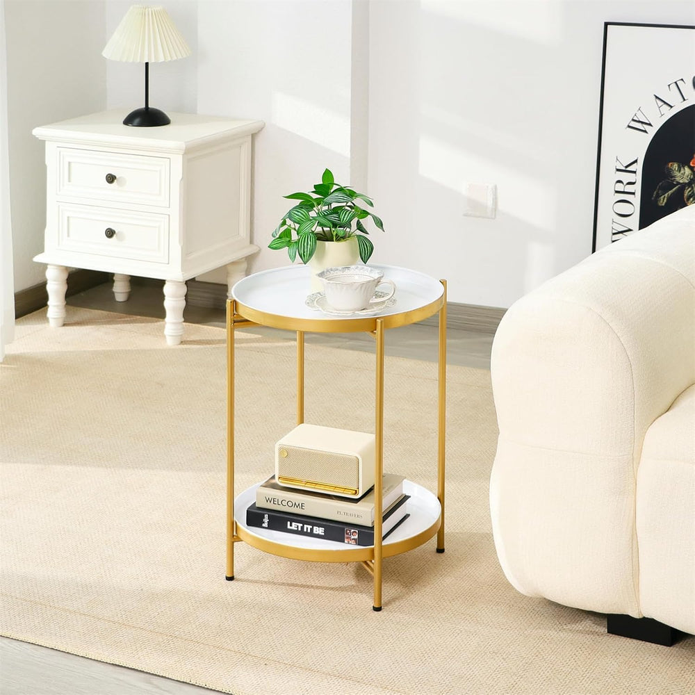 2-Tier Round End Side Table, Small Metal Side Table with Removable Tray, Fold...