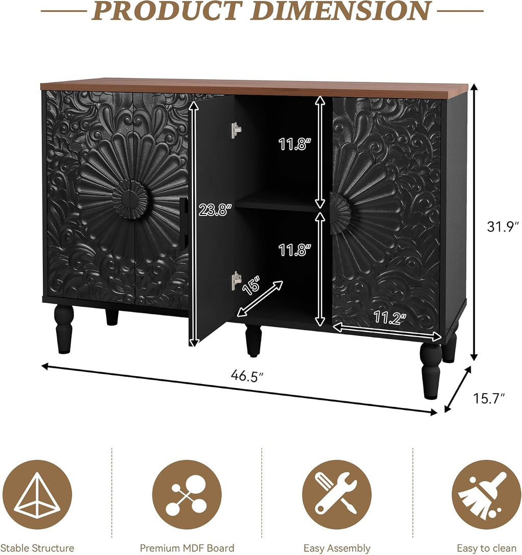 Sideboard Buffet Cabinet with 4 Carved Flower Doors, Black