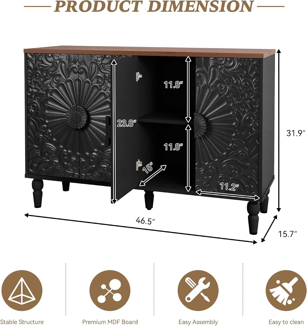 Sideboard Buffet Cabinet with 4 Carved Flower Doors, Black