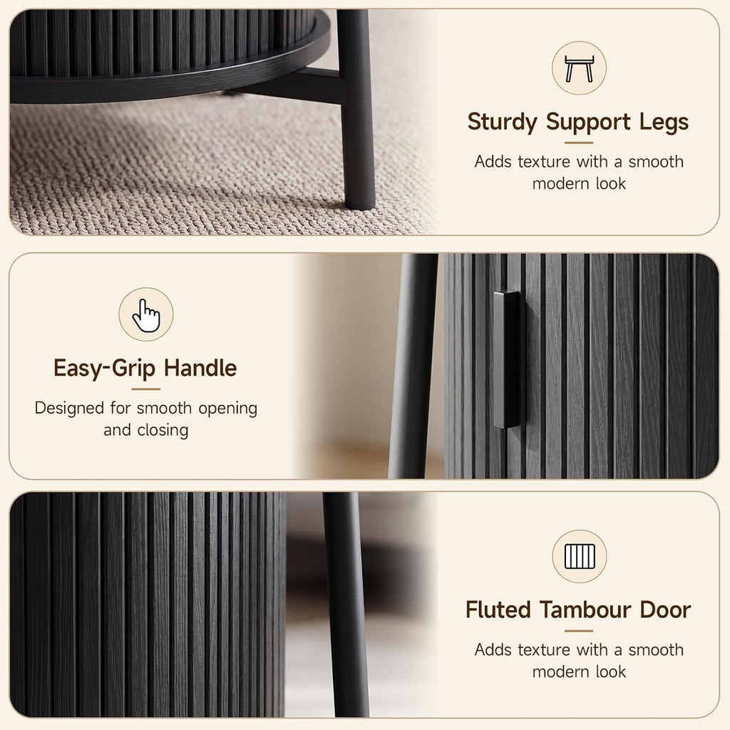 ONBRILL Round Fluted Side Table with Storage, Nightstand, 2 Sets Black