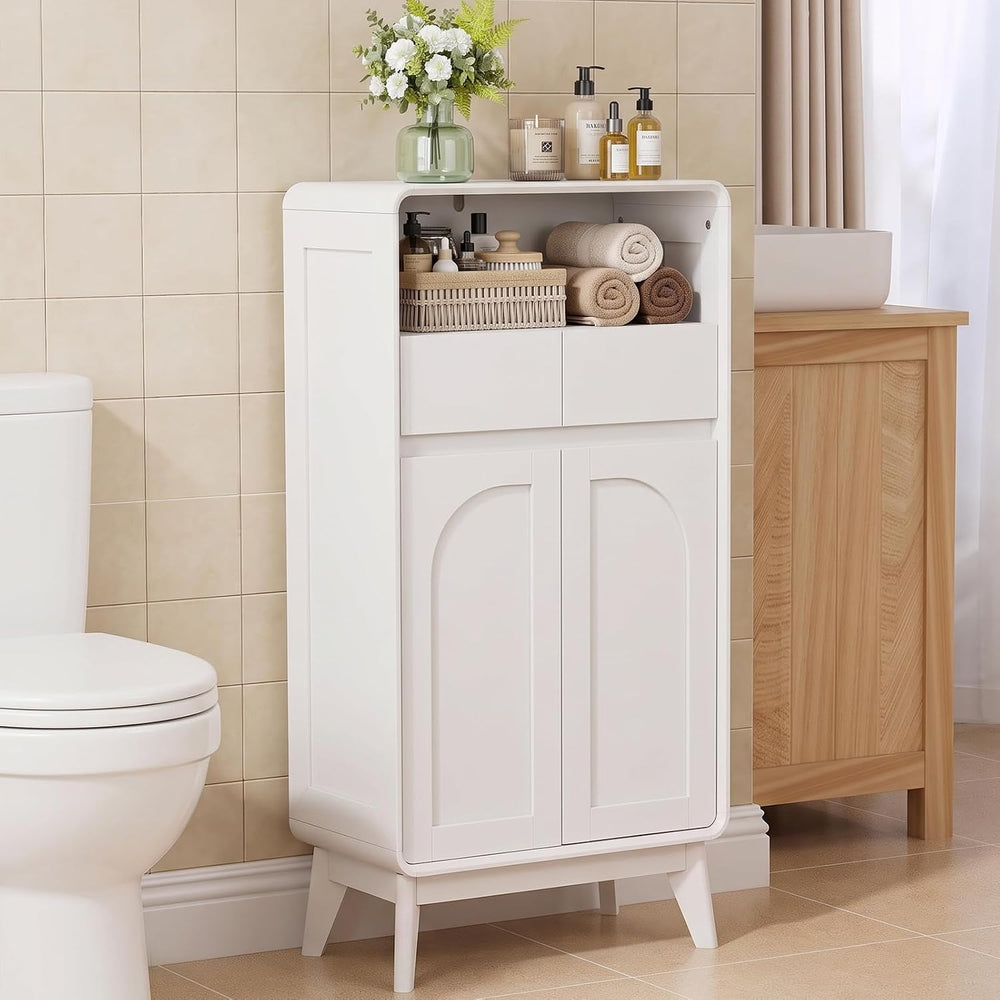 45" Tall Bathroom Storage Cabinet, White Oak, Arched Doors