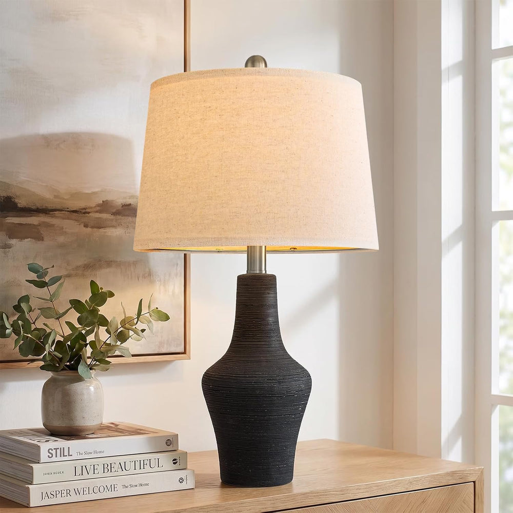 23" Farmhouse Ceramic Table Lamp Modern Bedside Lamps Matte Black
