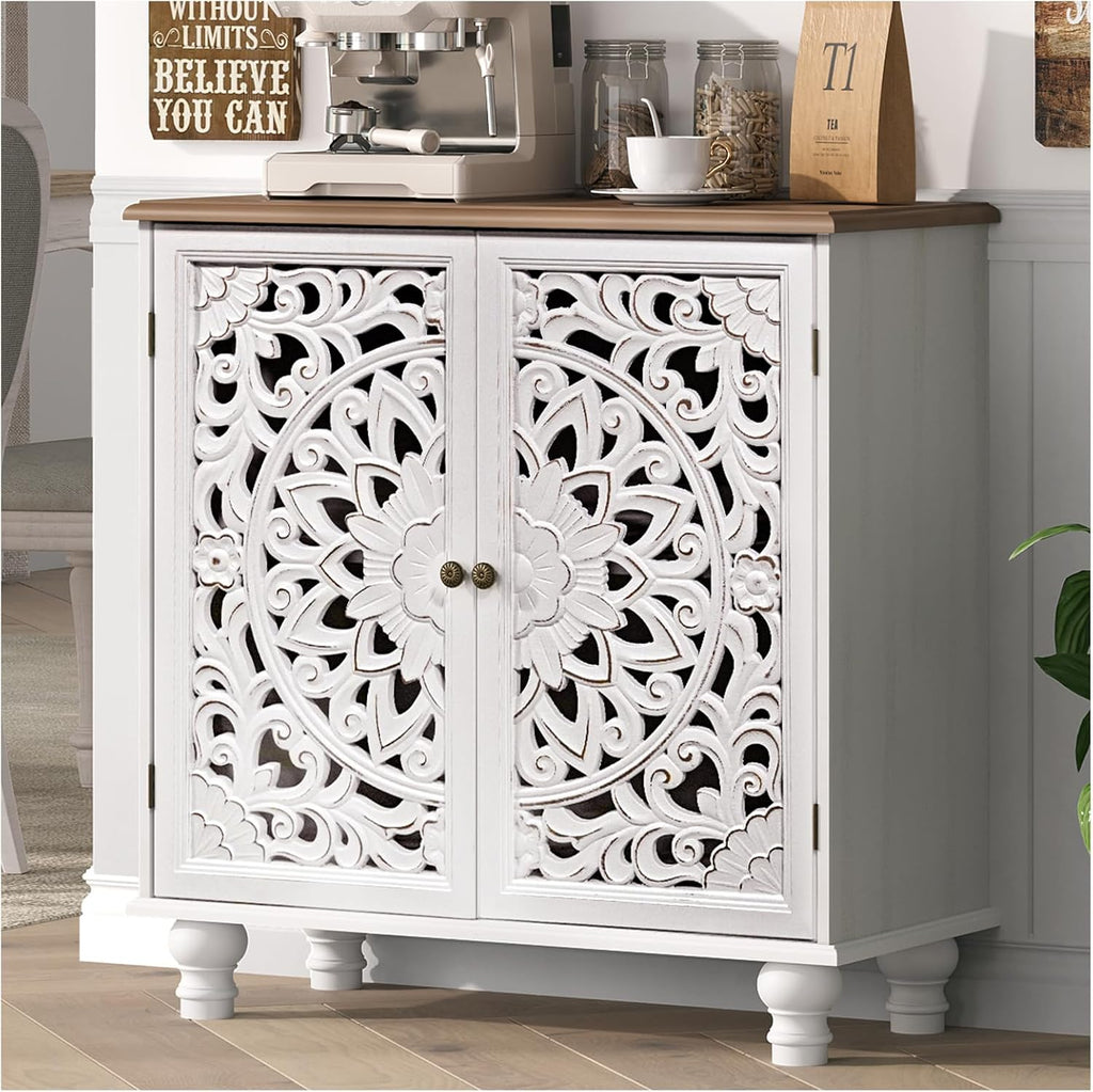 JOINICE 31" Accent Storage Cabinet with Doors for Living Room,White& Walnut