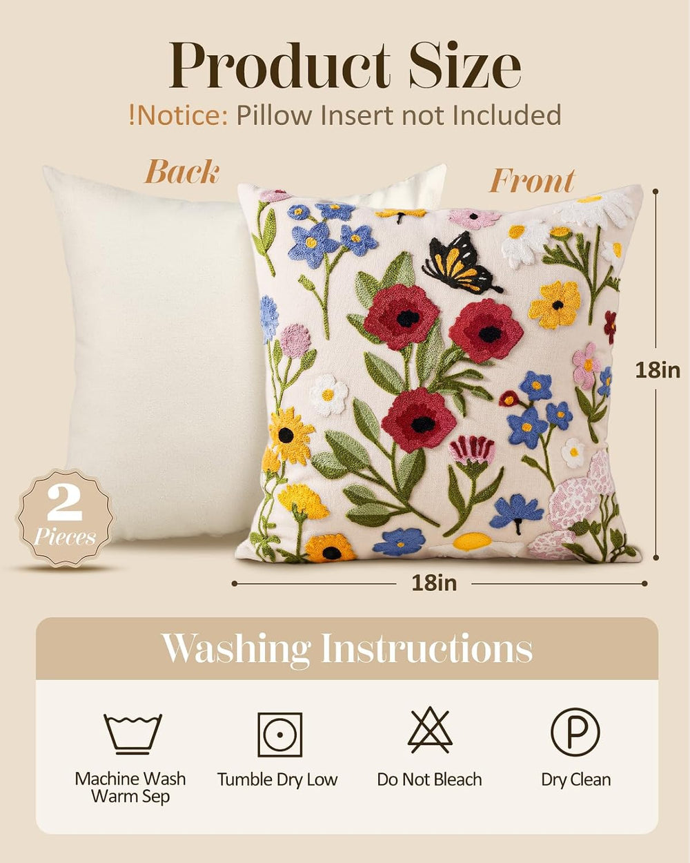 Embroidered Throw Pillow Covers 18x18 Inch, 2Pack, Retro Flower