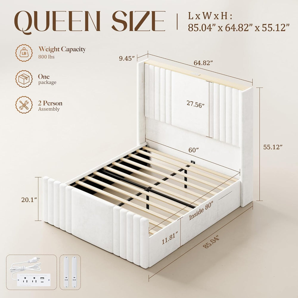 55" Tall Queen Size Platform Bed Frame with 2 Reading Lights, Cream