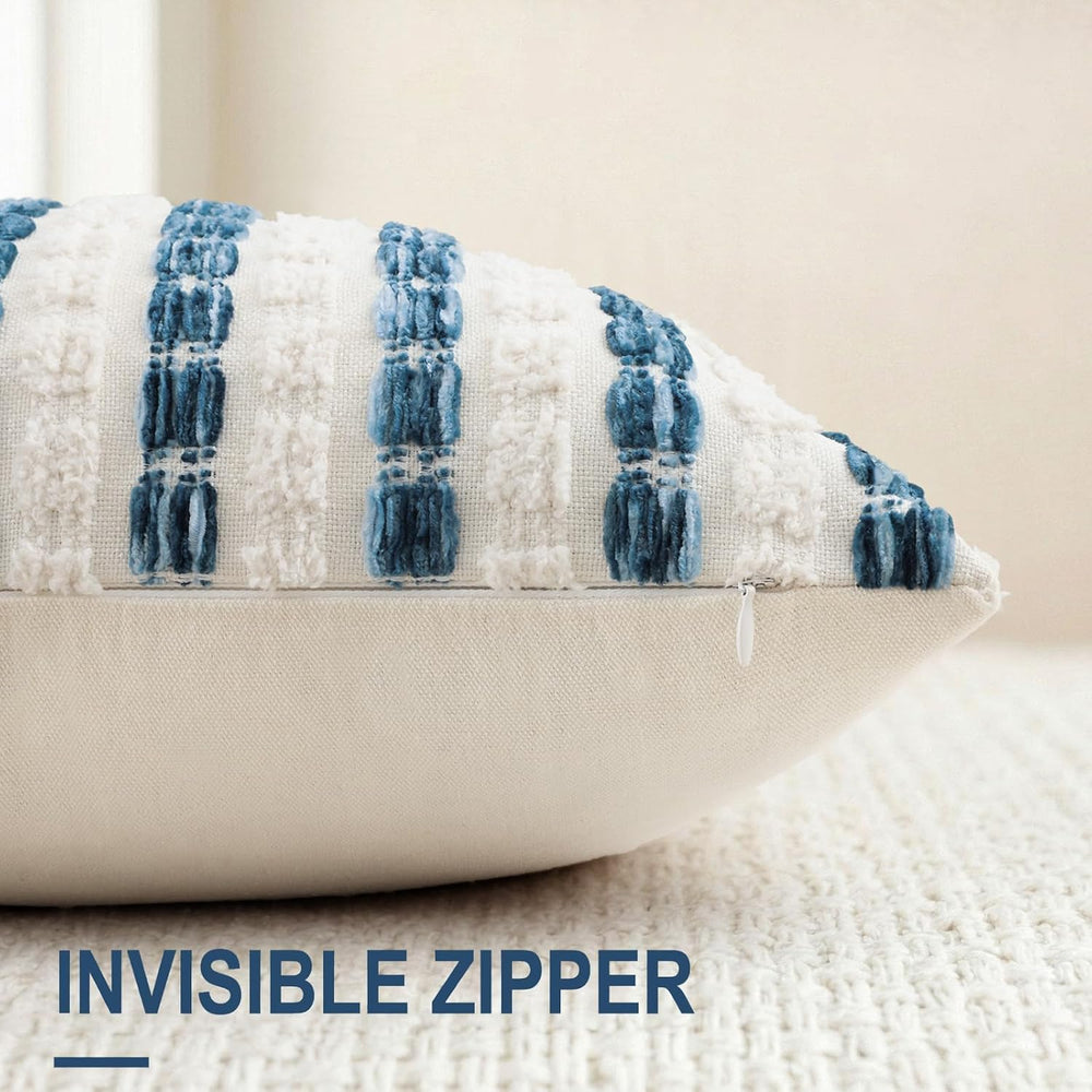 decorUhome Chenille Tufted Stripe Throw Pillow Covers 20x20 Set of 2 Blue