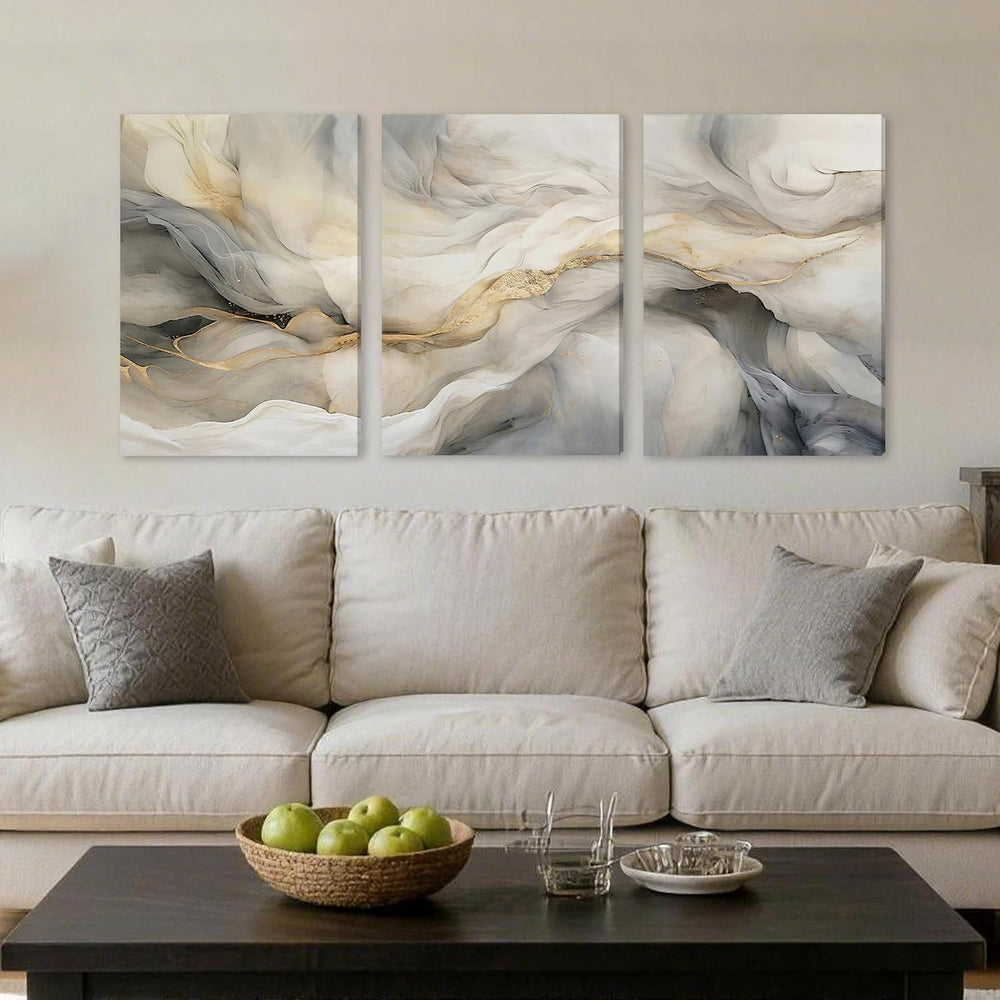 EJPFOGV Triptych Grey White Gold Wrapped Canvas Wall Art 16x24 inches x3
