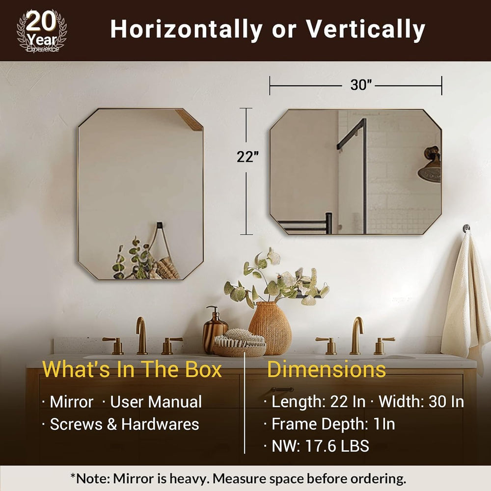 ANDY STAR Gold Octagon Bathroom Mirror, 22x30 Inch Stainless Steel Metal Fram...