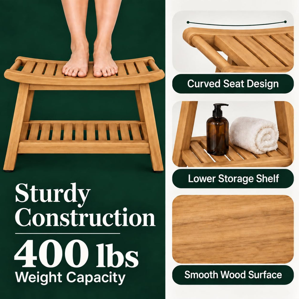 Wood Shower Bench for Inside Shower, 24" Stool Chair with Shelf