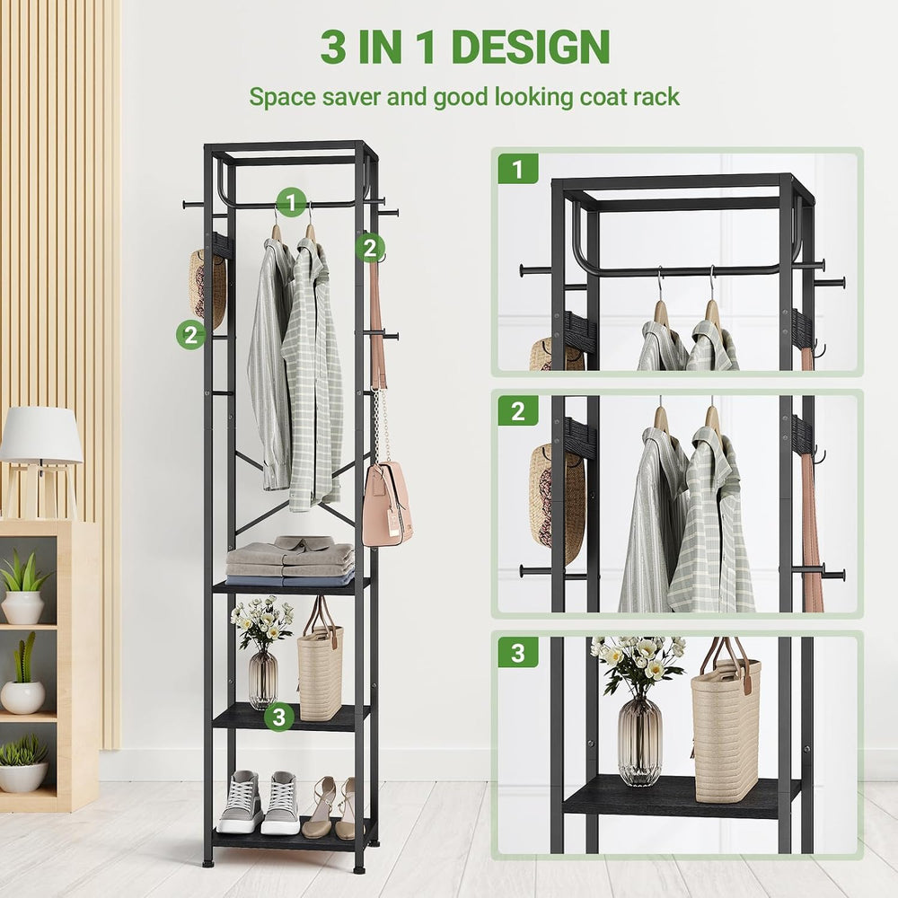 ELYKEN Coat Rack Freestanding, Hall Tree with 3 Shelves and 12 Hooks, Black