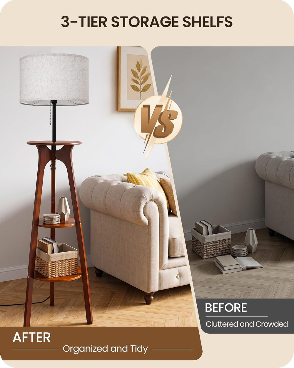 Floor Lamp for Living Room, Standing Lamp with 3 Shelves