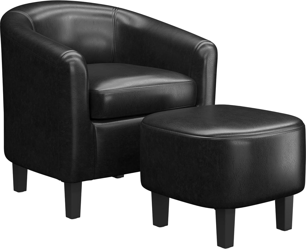 Yaheetech Accent Chairs with Ottoman, Faux Leather Barrel Chairs, Black