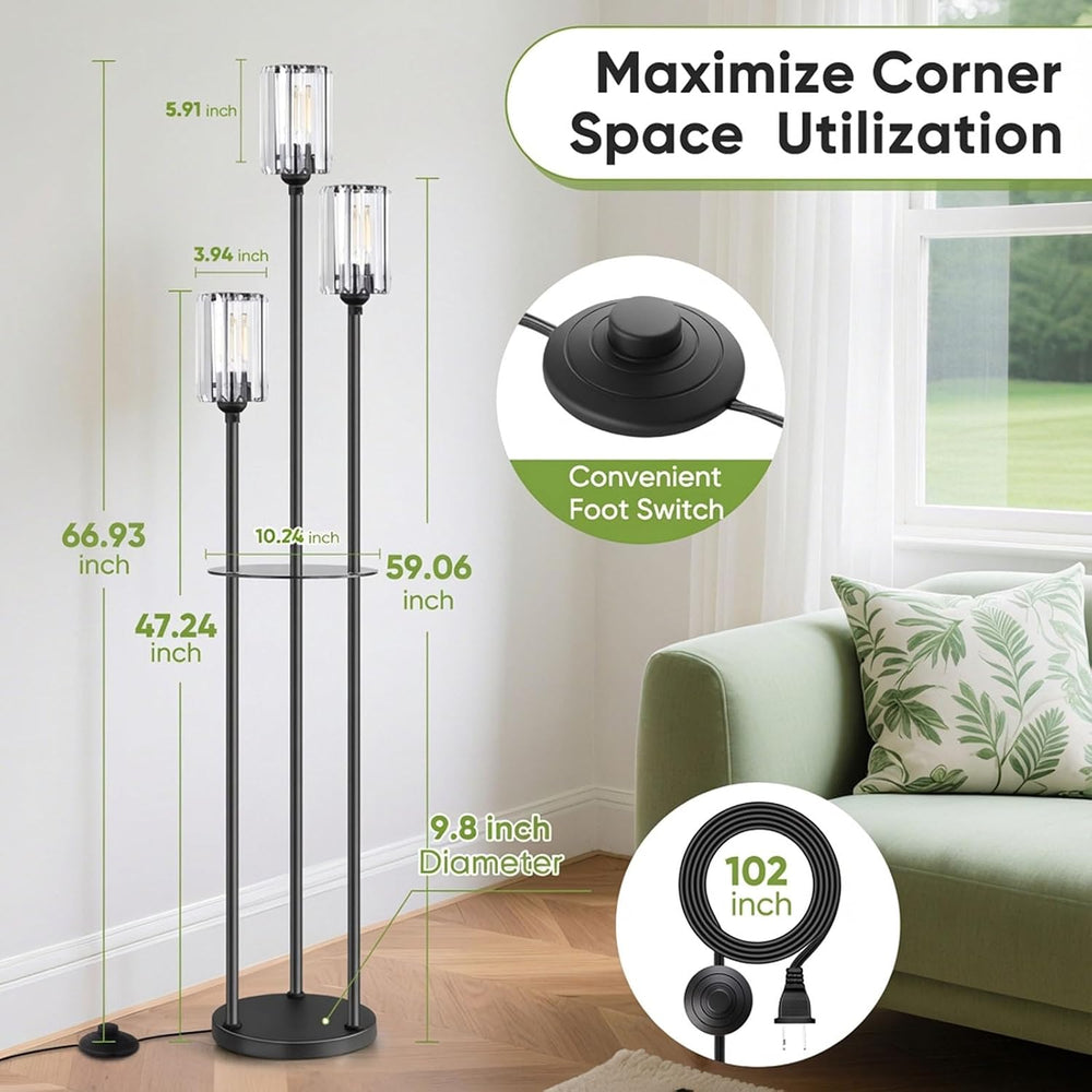 Crystal Standing Floor Lamp with Shelves for Living Room 67" Tall Black