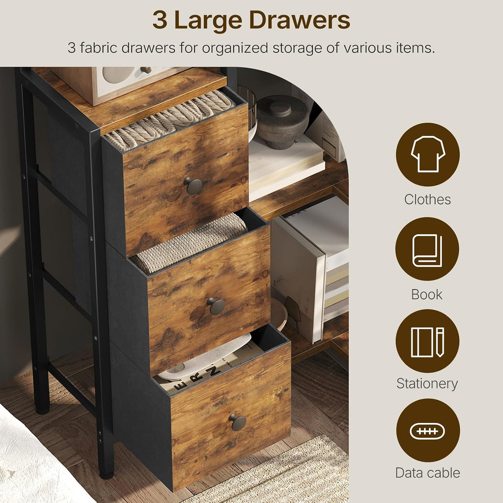 YATINEY Corner Bookshelf, 5-Tier L-Shaped Bookcase with 3 Fabric Drawers, Storage Display Shelf, Freestanding Tall Open Shelf, for Living Room, Bedroom, Home Office, Rustic Brown SJ12BR