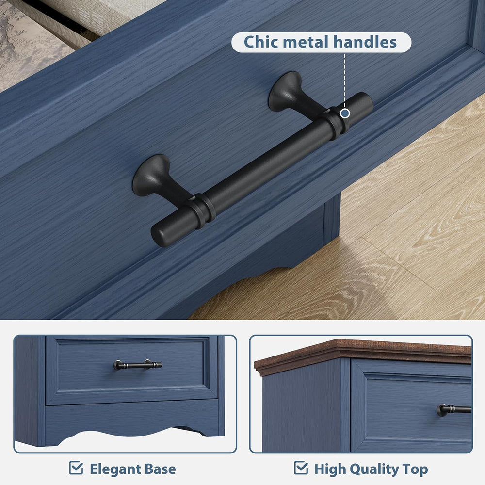 Farmhouse Nightstand with Charging Station, Blue Wood Bedside Table & End...