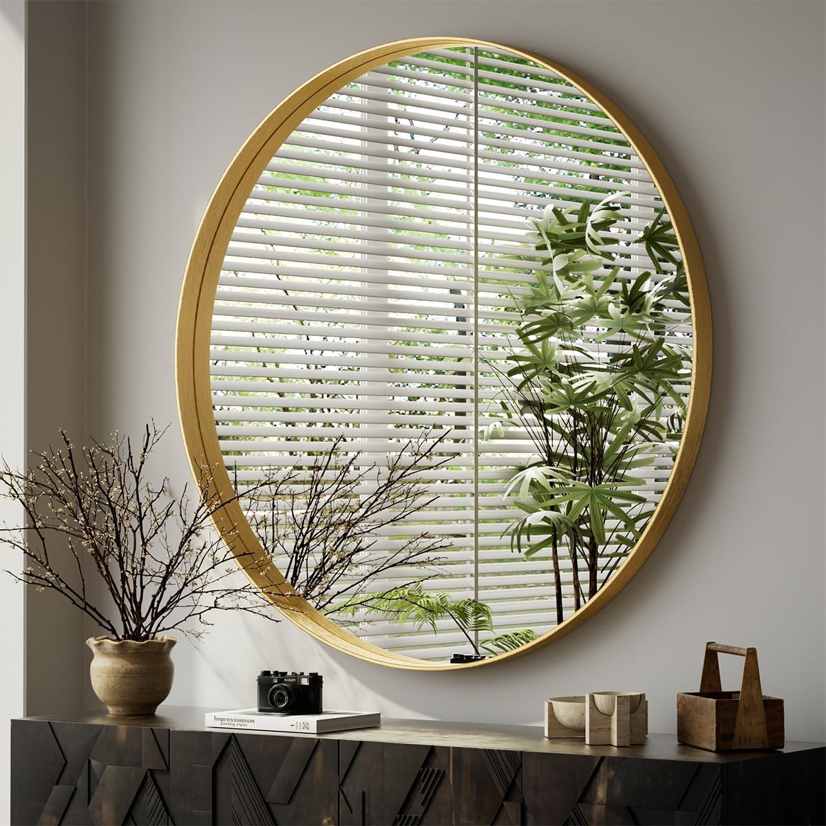 VooBang 48" Round Bathroom Mirror, Large Gold Circle Wall Mounted Mirror