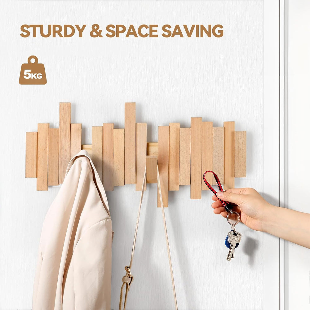 Ufine Wood Wall Mounted Coat Rack with 6 Flip-Down Hooks