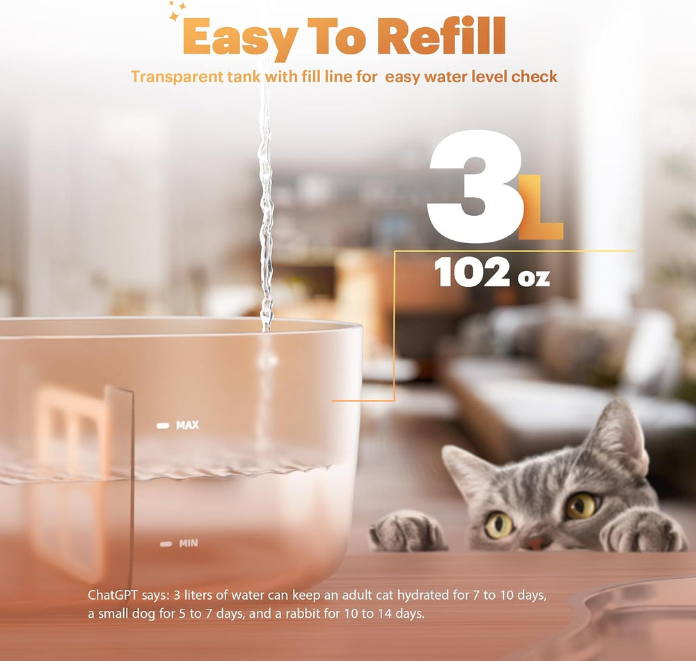 Cat Water Fountain Pumpless, Pet Fountain for Cats Indoor, 3L/102oz, Automati...