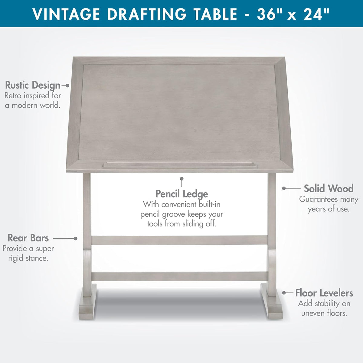 studio designs vintage drawing/drafting table with pencil ledge, side view