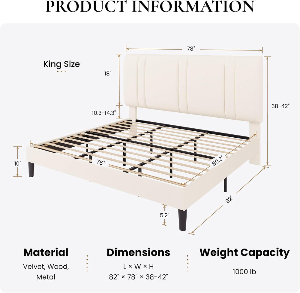 SHA CERLIN King Size Velvet Bed Frame with Adjustable Headboard, Cream
