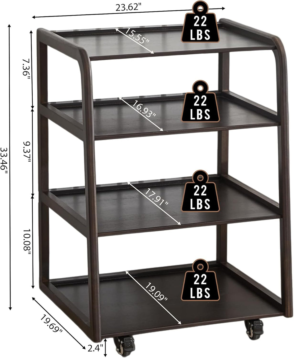 Solid Wood AV Media Stand, 4-Tier Audio Rack with Lockable Casters