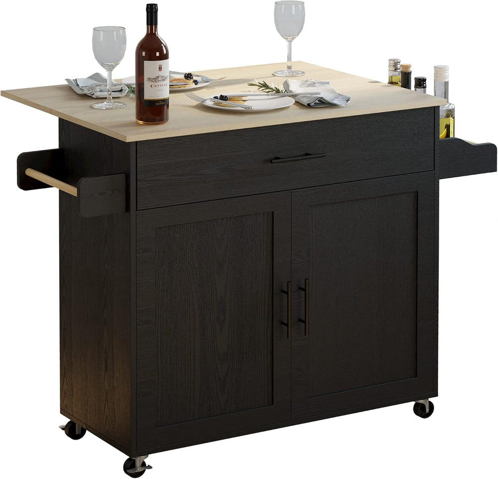 IRONCK Kitchen Island Table on Wheels with Drop Leaf, 47.25" Wide Black