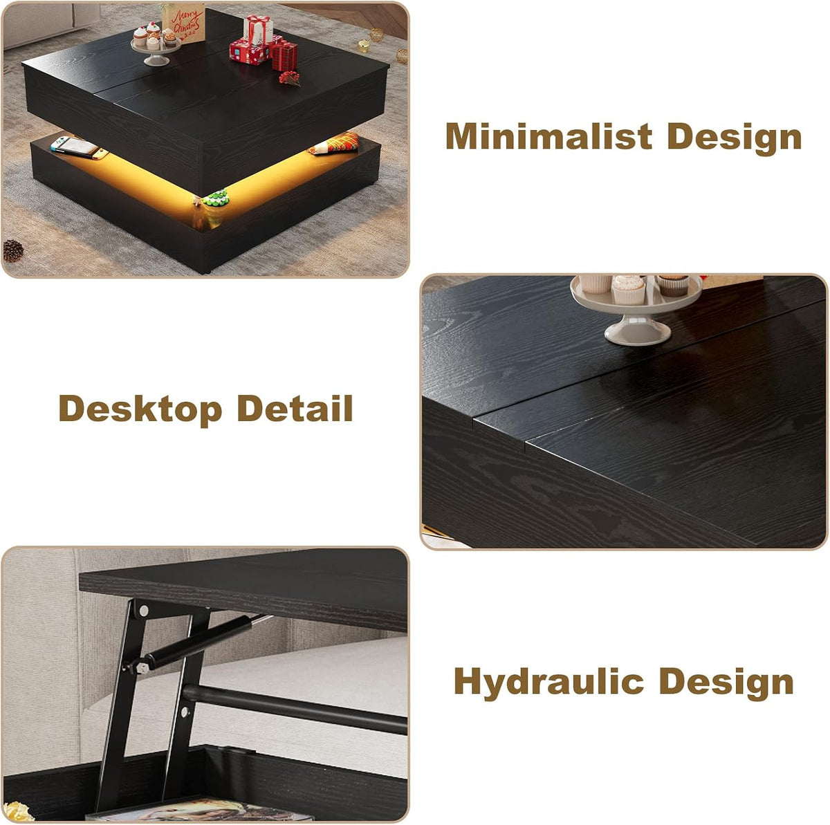 35.4" Large Square Coffee Table with Lifting top,Charging Station,Modern 2-Tier Square Center Table w/Hidden Compartment Storage,Tea Table with Wood Grain for Living Room, Office,Black