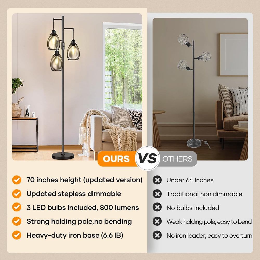 Dimmable Floor Lamp, 3 x 800LM LED Edison Bulbs Included, Farmhouse Industria...