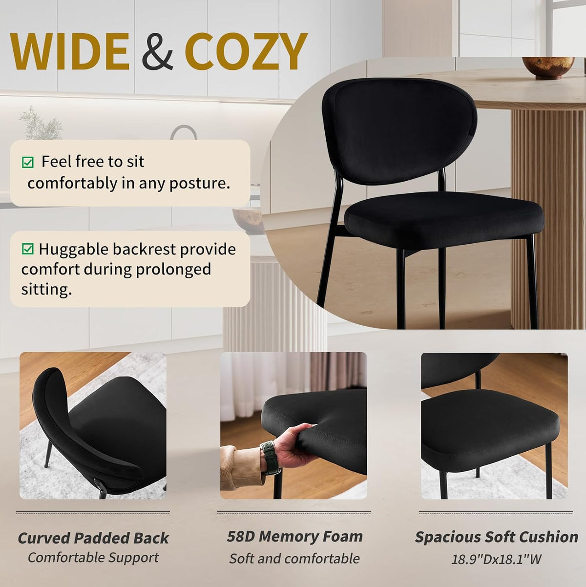 stoolink black velvet dining chairs set of 6, side view