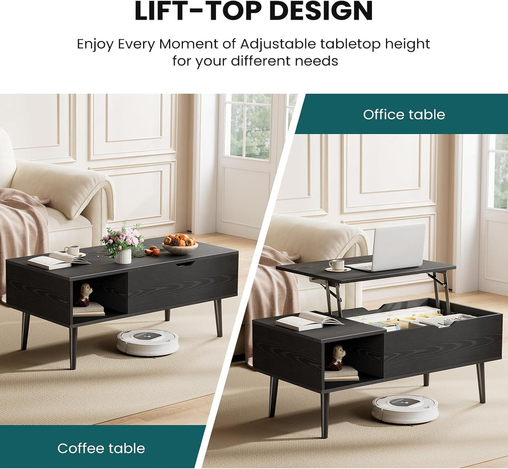 NEWBULIG Wood Lift Top Coffee Table with Storage for Living Room, Black