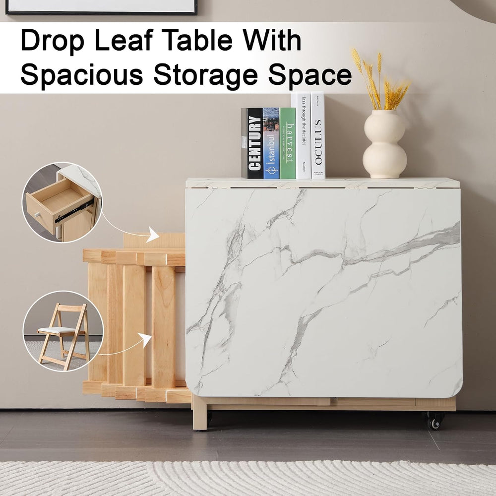 Drop Leaf Table Extendable, Foldable Kitchen Table Space Saving, Folding Dini...