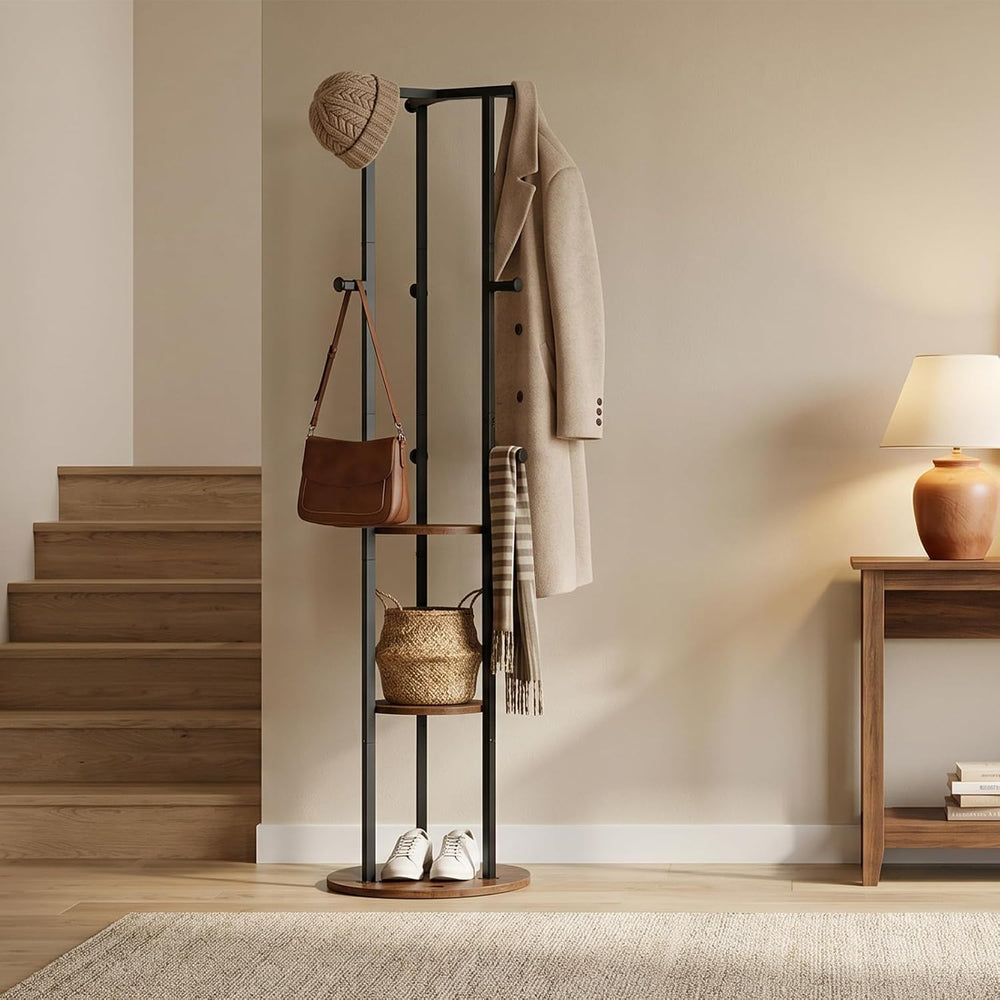 HOOBRO Coat Rack Freestanding, Coat Tree with 9 Hooks and 3 Storage Shelves