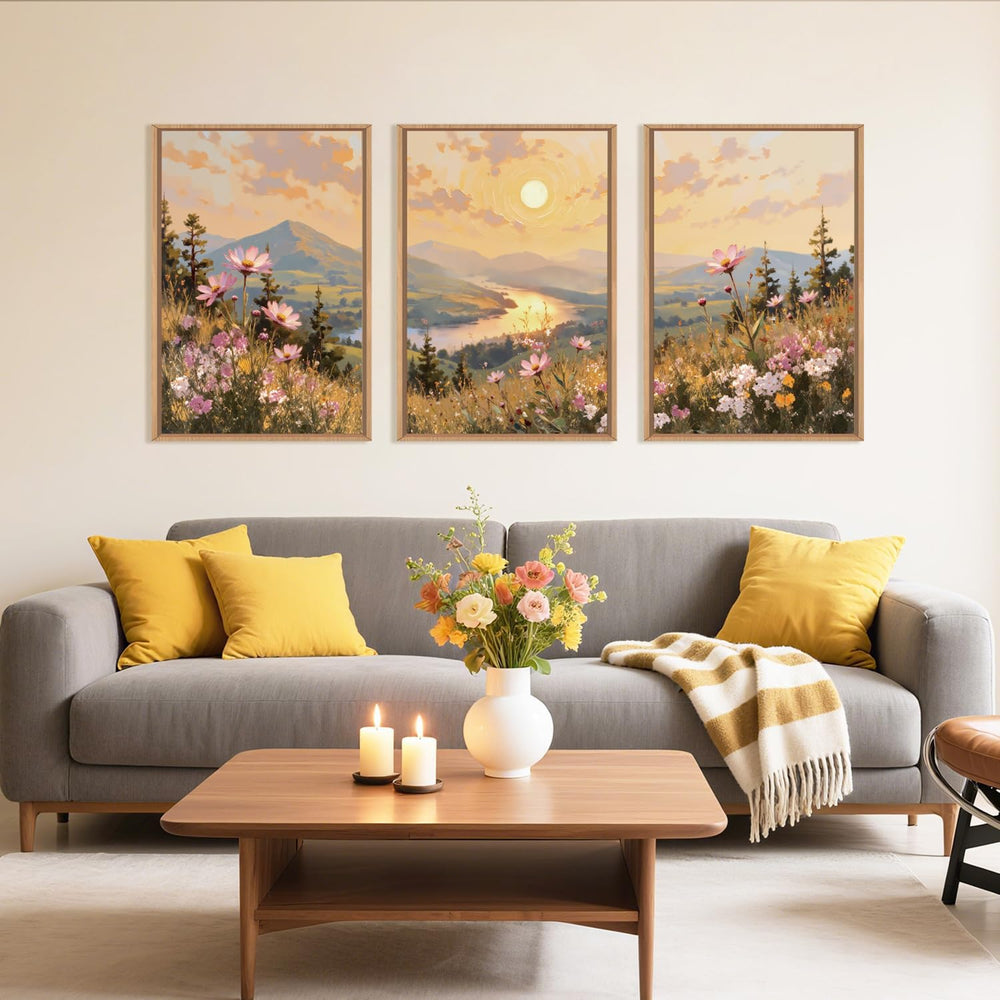 LHIUEM Large Boho Sunset Wildflower Framed Canvas Wall Art,Nature Pink Flower...