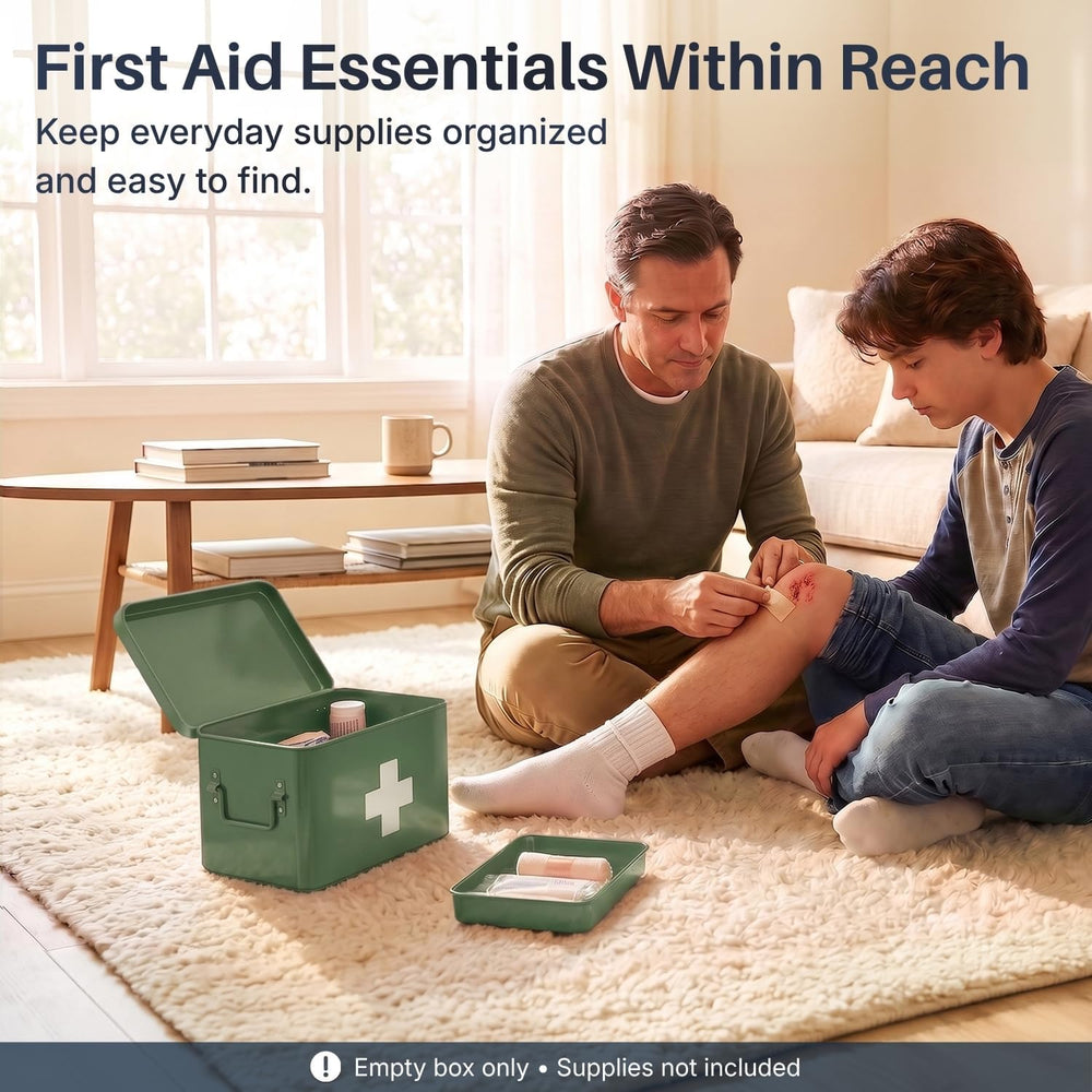 Flexzion Large Metal First Aid Box Empty, 8.5-Inch, Green with White Cross