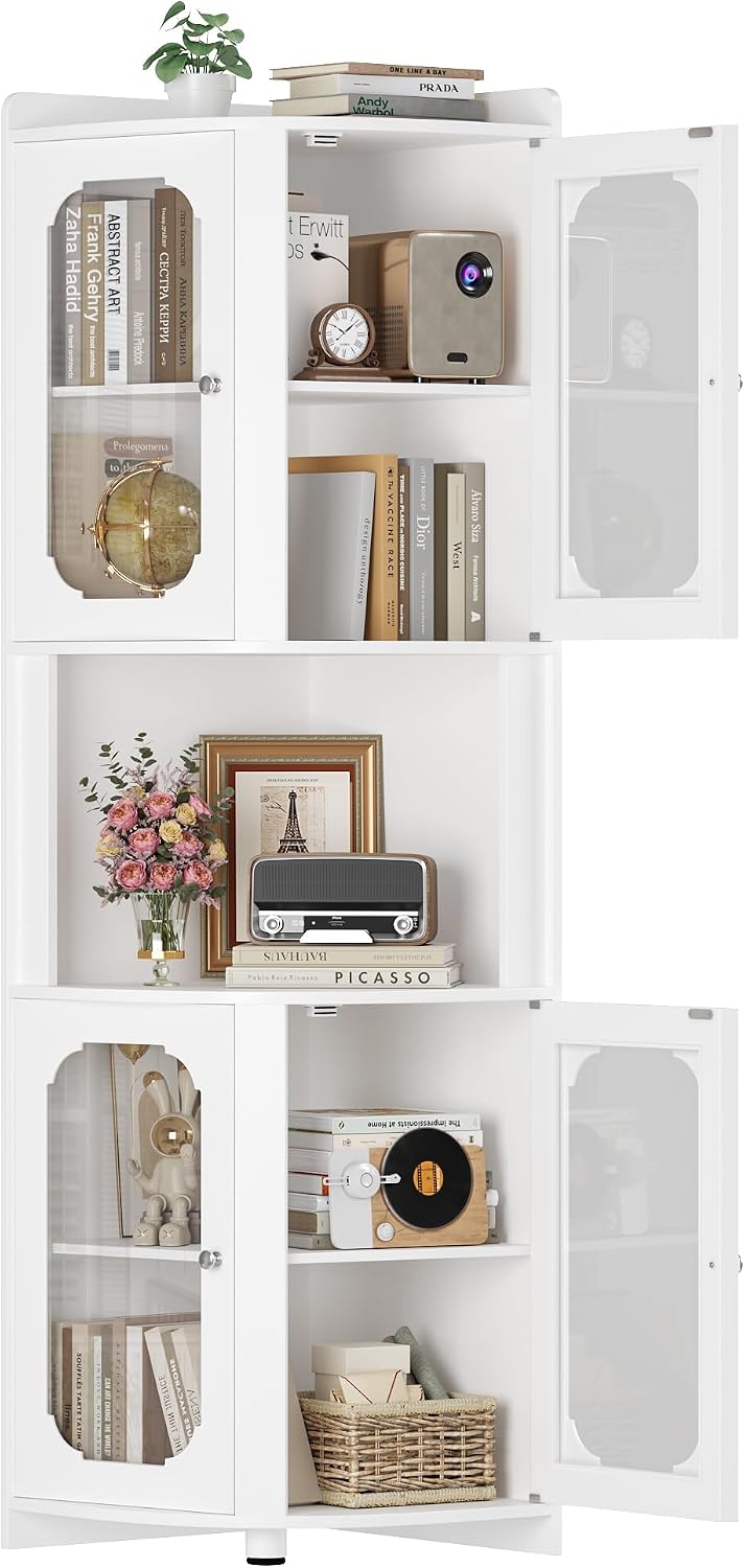 69" Tall Corner Storage Cabinet, 5-Tier Corner Hutch with Glass Doors,White