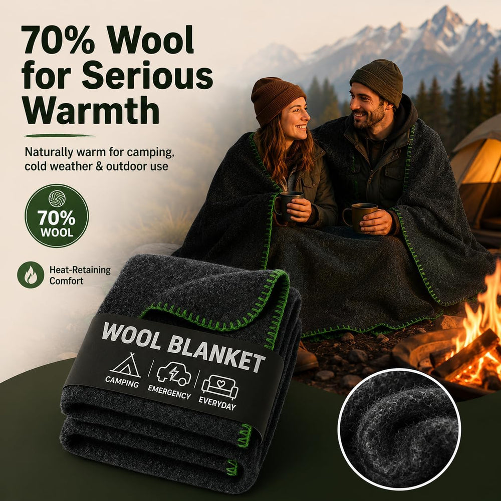 JMR Wool Camping Blanket, Fire Retardant Military Throw, Grey (62x84)