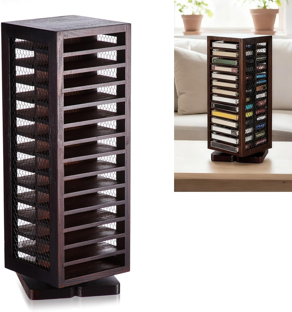 Ripeng Cassette Tape Holder, 28 Capacity 360° Rotating, Rustic Brown