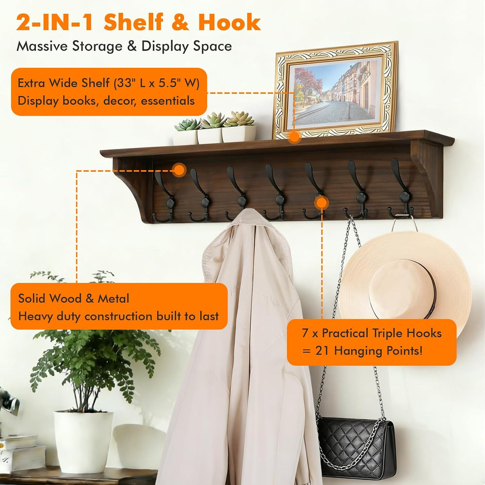 Felibeaco 33" Coat Rack with Shelf Wall Mount, 7 Triple-Hooks,Pre-Assembled