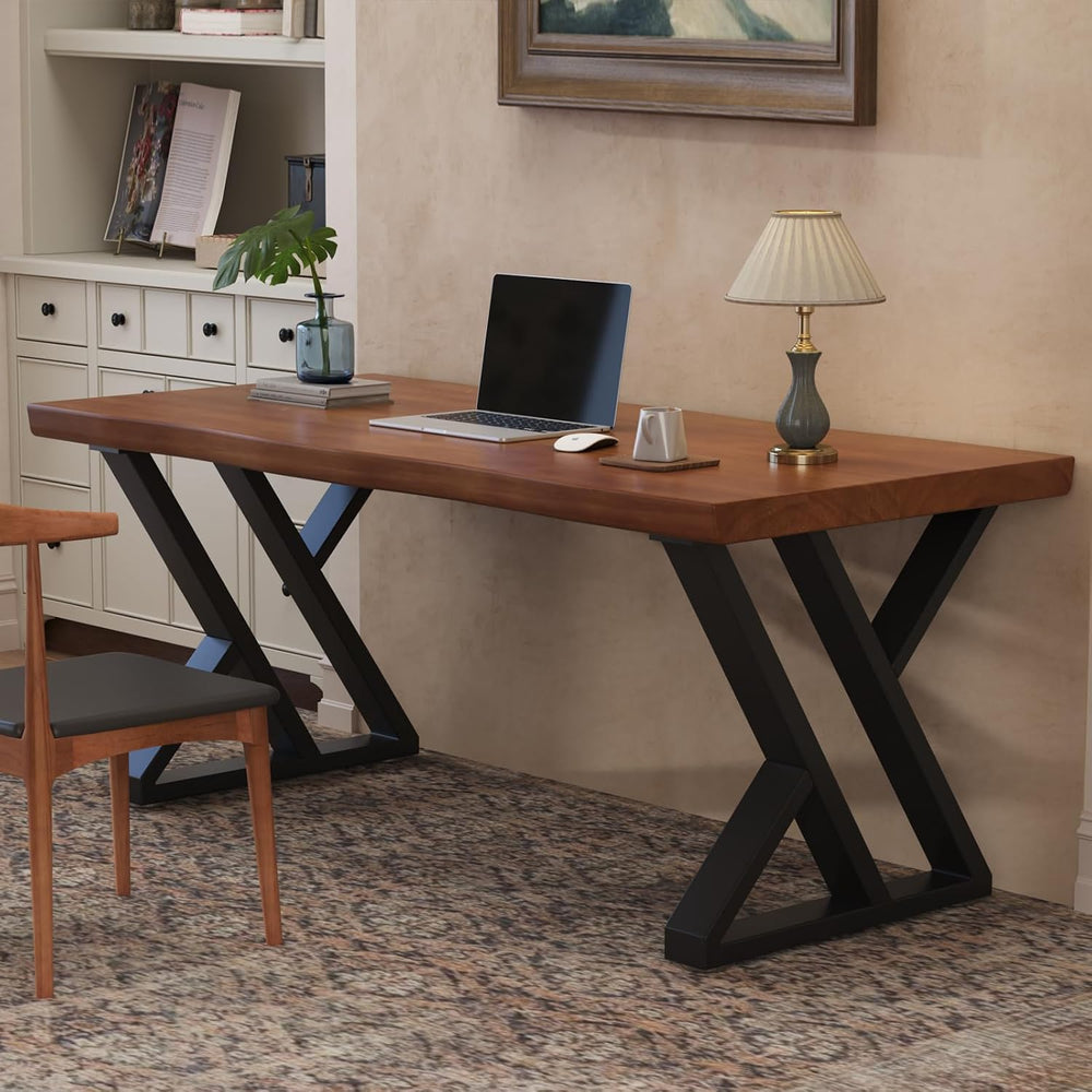 63inch Solid Wood Desk with Metal Legs, Rustic Brown, Industrial Style Writin...
