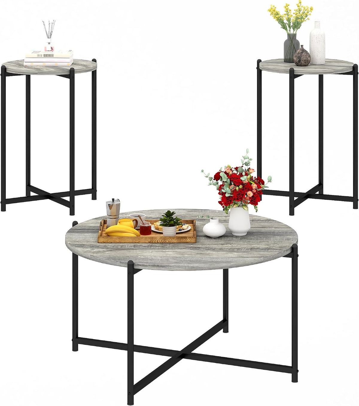 DKLGG Round Coffee Table Set of 3, Farmhouse Wooden Coffee Table and 2 End Table Sets, 3-Piece Grey Living Room Table Set