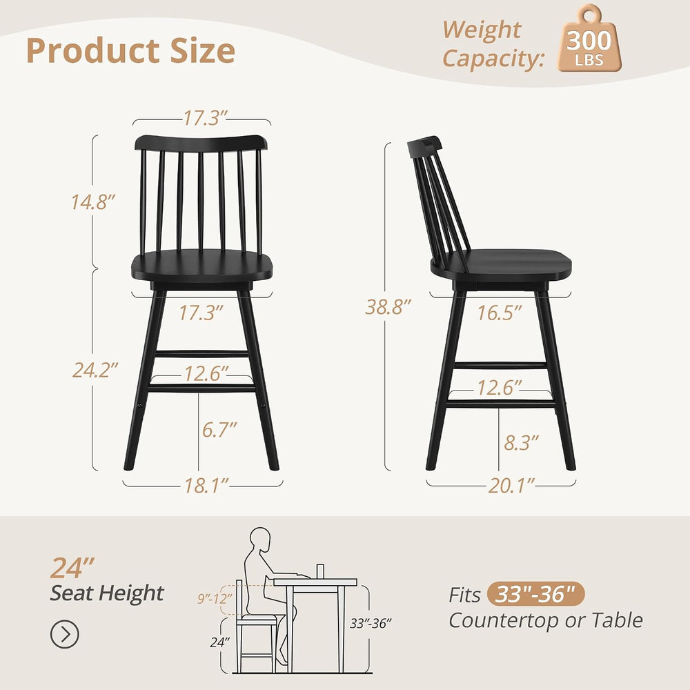 LUE BONA 360° Swivel Bar Stools Set of 2, Black Windsor Barstools, Counter He...